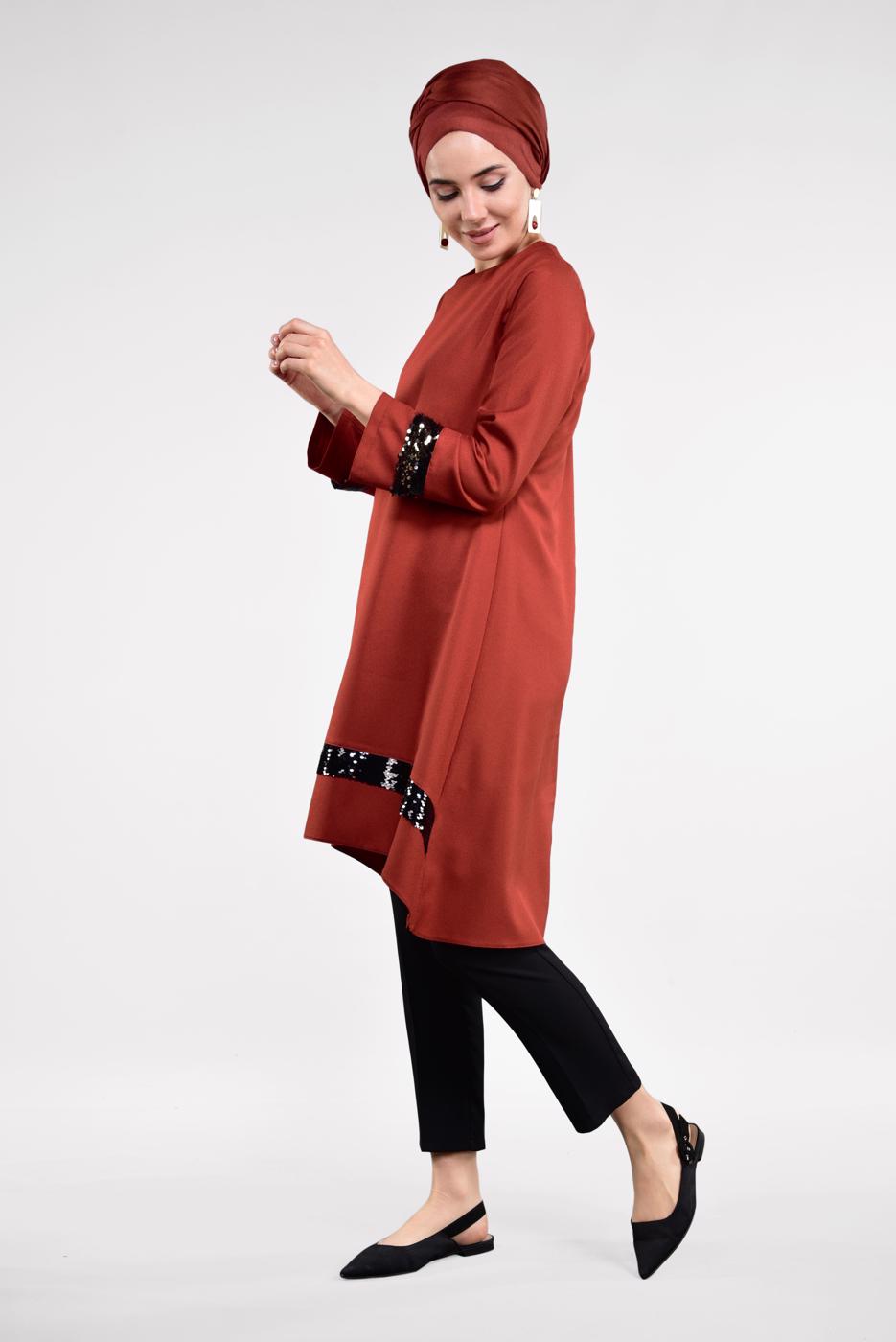 Tesettür giyim TURUNCU PUL PAYETLİ ETEK UCU OVAL KESİM VOLANLI TUNİK 6284