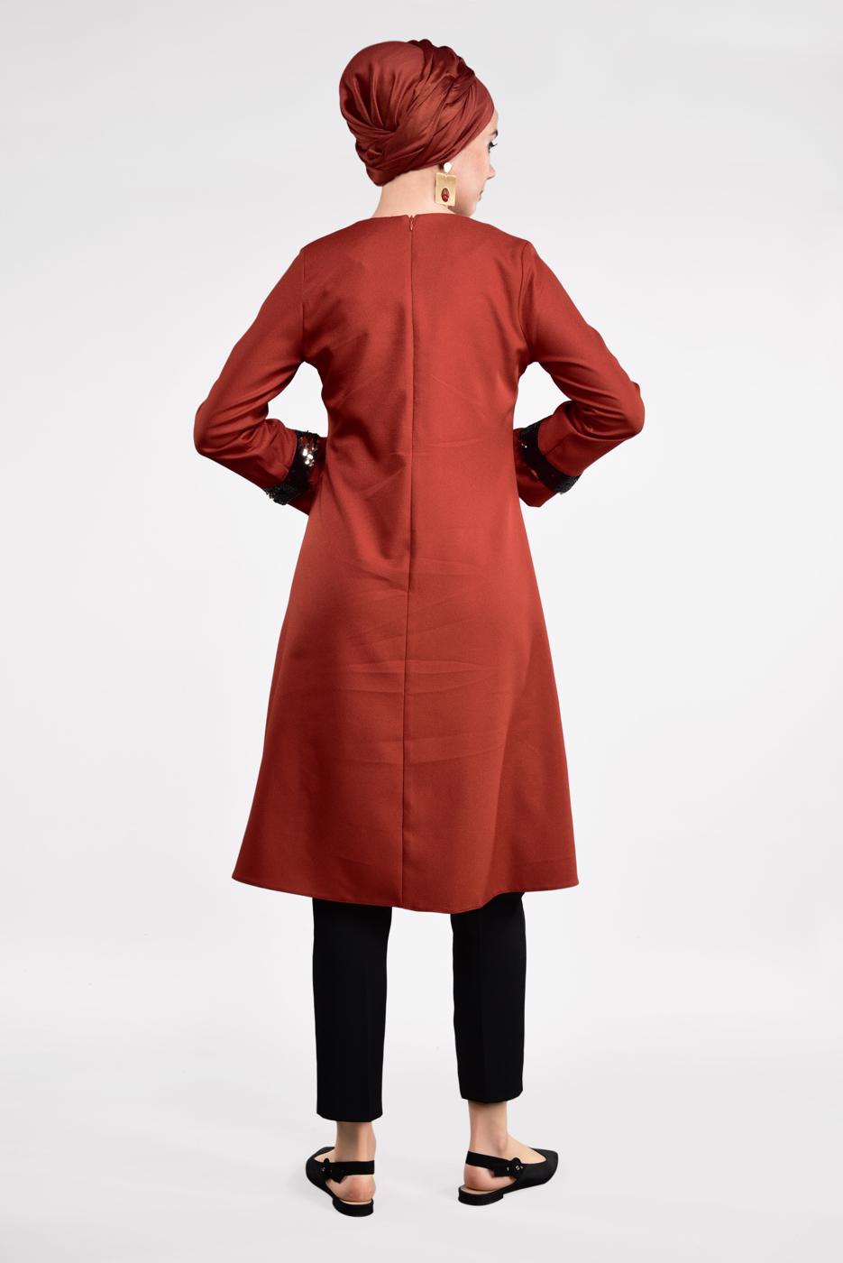 Tesettür giyim TURUNCU PUL PAYETLİ ETEK UCU OVAL KESİM VOLANLI TUNİK 6284