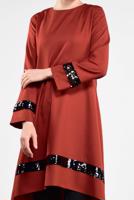Tesettür giyim TURUNCU PUL PAYETLİ ETEK UCU OVAL KESİM VOLANLI TUNİK 6284