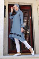 Tesettür giyim MAVİ PUL PAYETLİ ETEK UCU OVAL KESİM VOLANLI TUNİK 6284