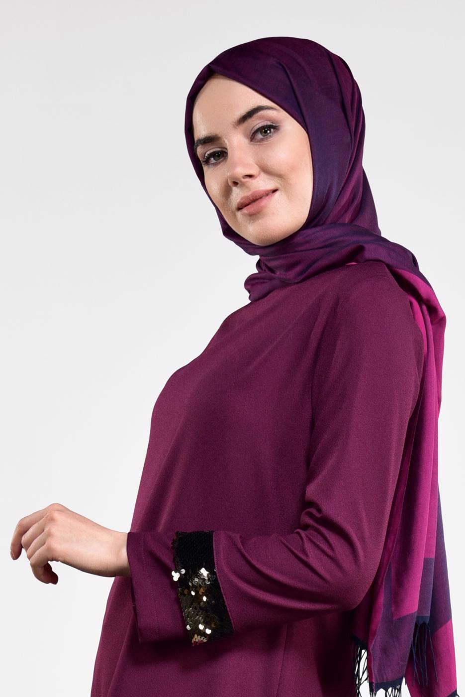 Tesettür giyim MOR PUL PAYETLİ ETEK UCU OVAL KESİM VOLANLI TUNİK 6284