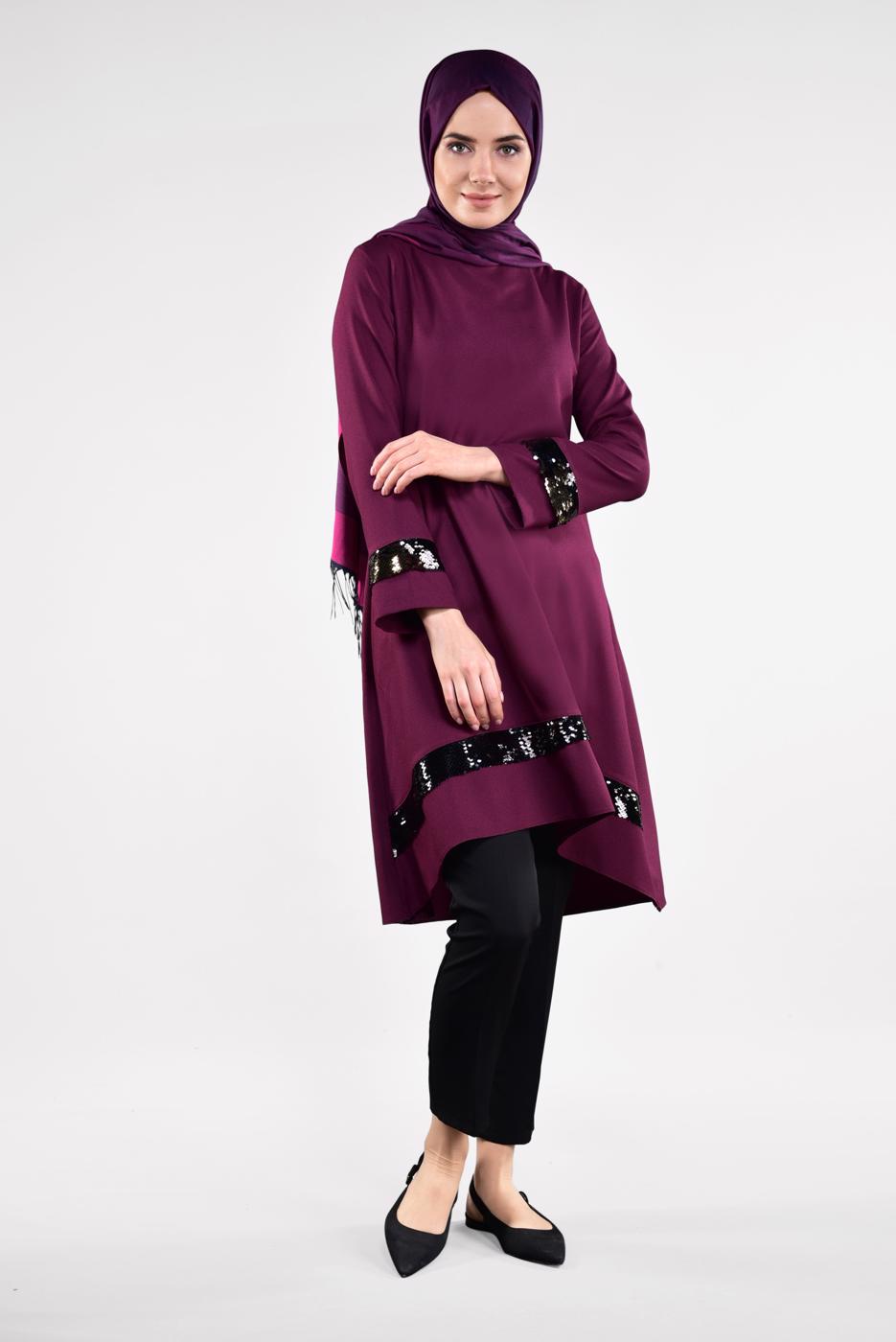 Tesettür giyim MOR PUL PAYETLİ ETEK UCU OVAL KESİM VOLANLI TUNİK 6284