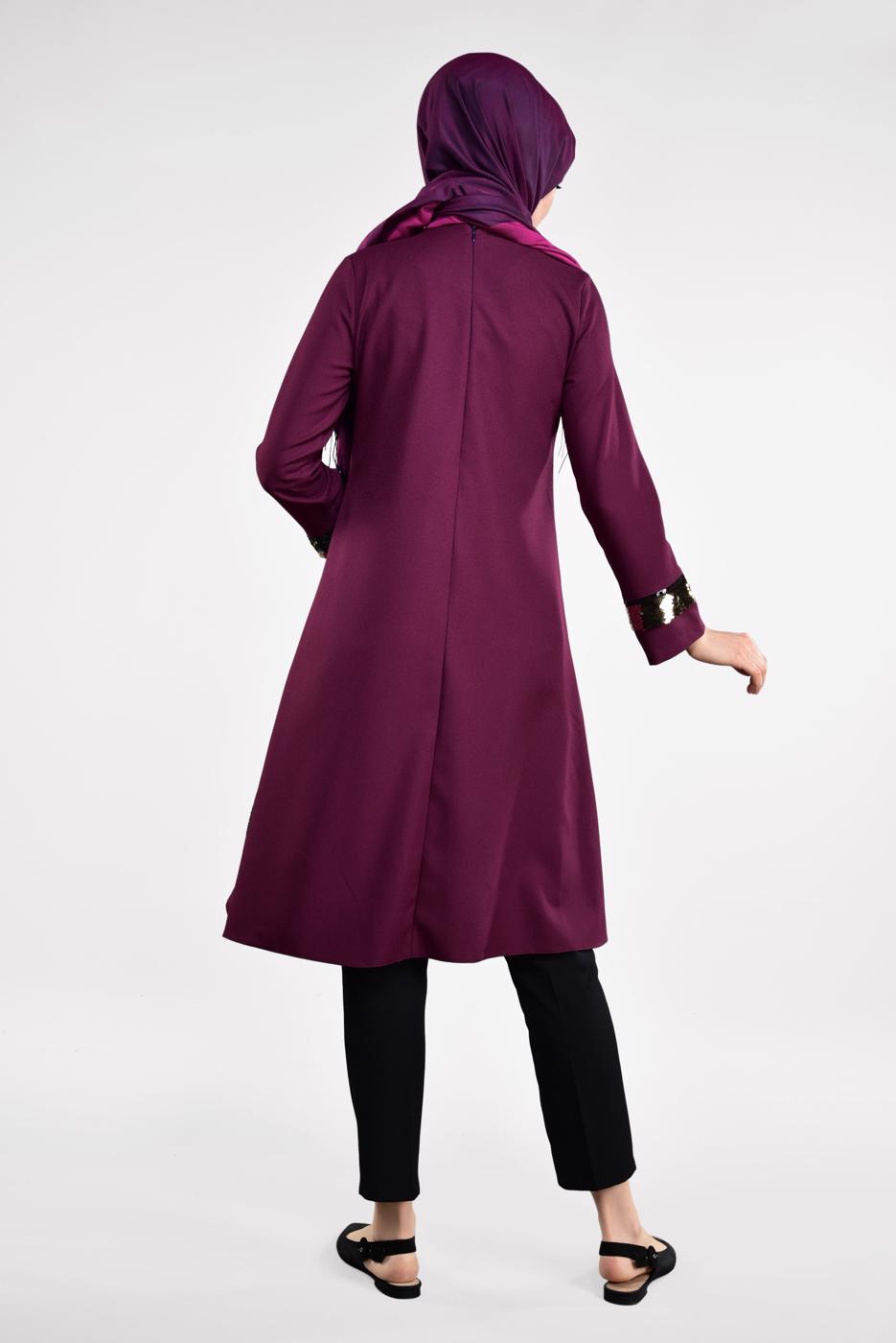 Tesettür giyim MOR PUL PAYETLİ ETEK UCU OVAL KESİM VOLANLI TUNİK 6284