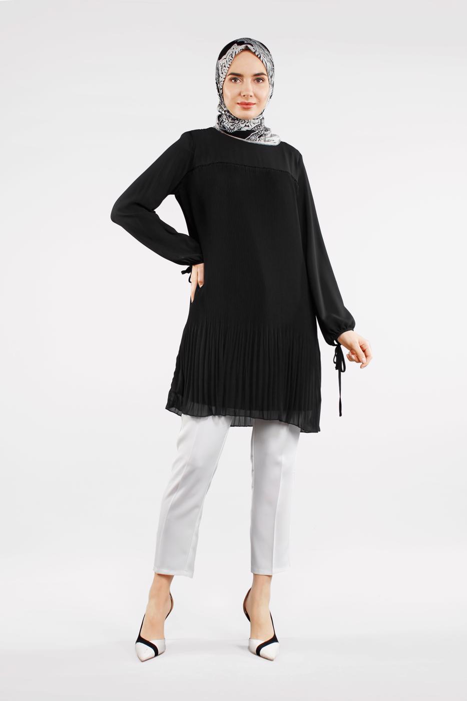 Vêtements hijab NOIR TUNIQUE À PLISSÉE 6498 