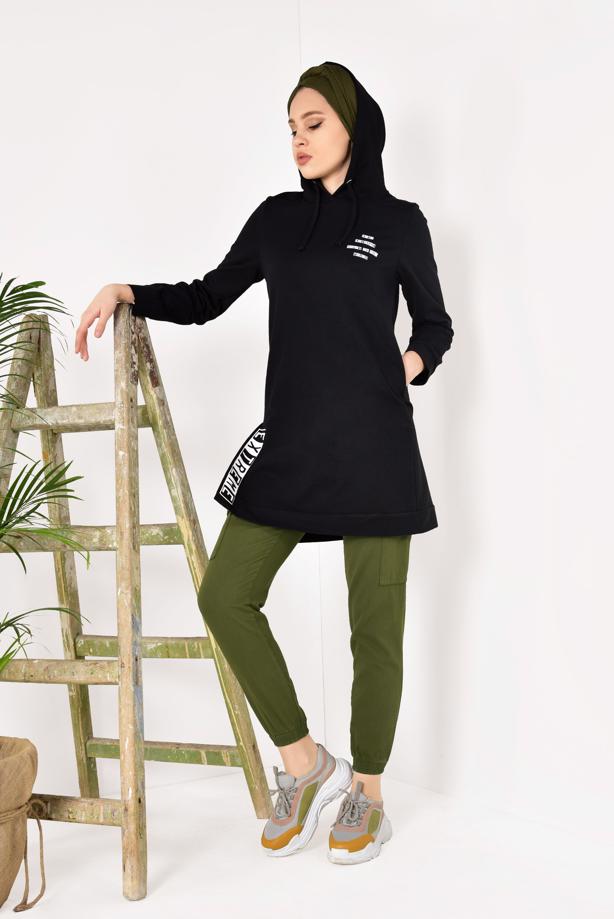 Tesettür giyim  YAZI DETAYLI KAPÜŞONLU EŞOFMAN TUNİK T 6503 - TRENDTESETTÜR