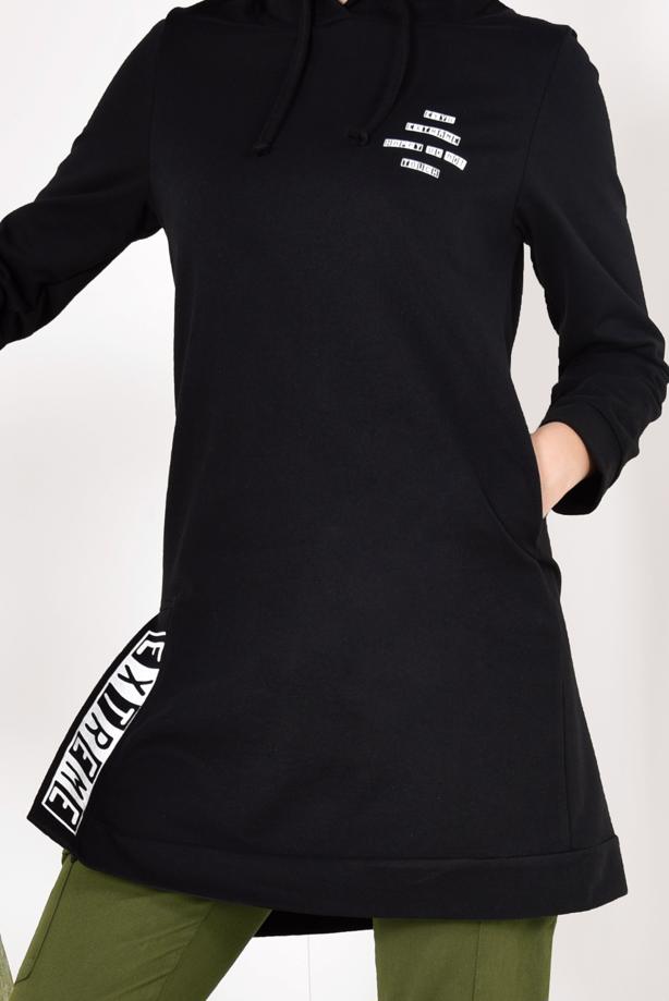 Tesettür giyim  YAZI DETAYLI KAPÜŞONLU EŞOFMAN TUNİK T 6503 - TRENDTESETTÜR