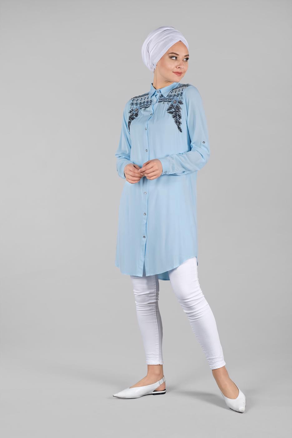 Hijab clothing BLUE EMBROIDERED TUNIC 6691 