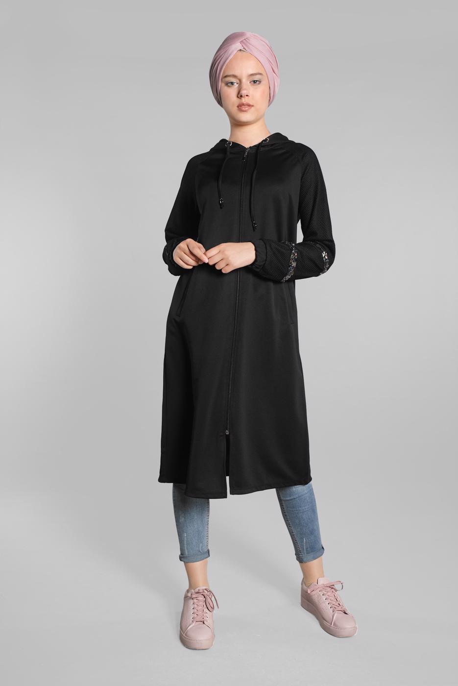 Tesettür giyim SİYAH FİLE VE PUL PAYET DETAYLI EŞOFMAN TUNİK 6811 