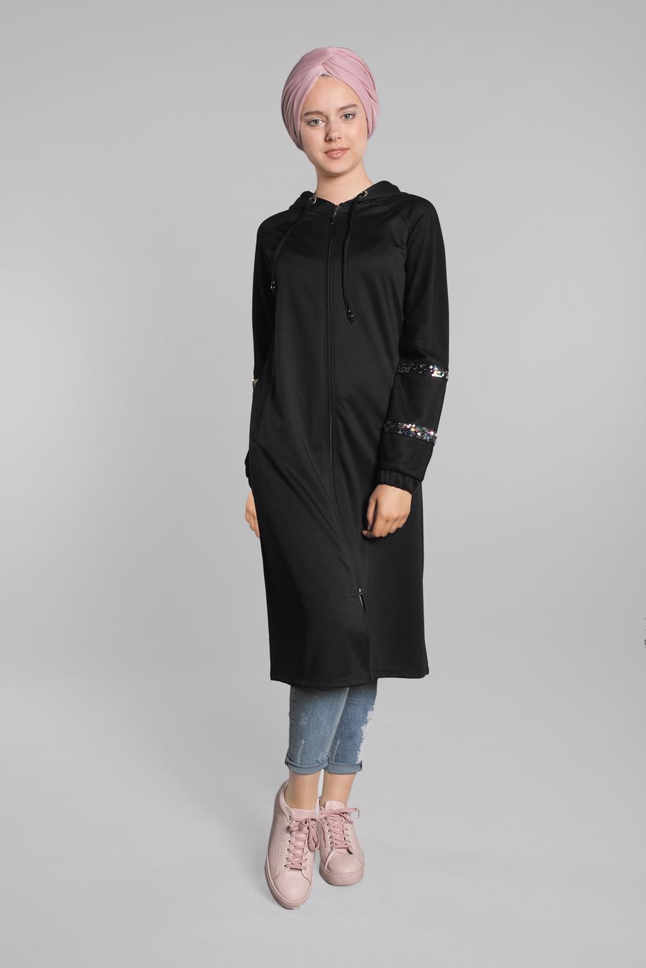 Tesettür giyim SİYAH FİLE VE PUL PAYET DETAYLI EŞOFMAN TUNİK 6811 