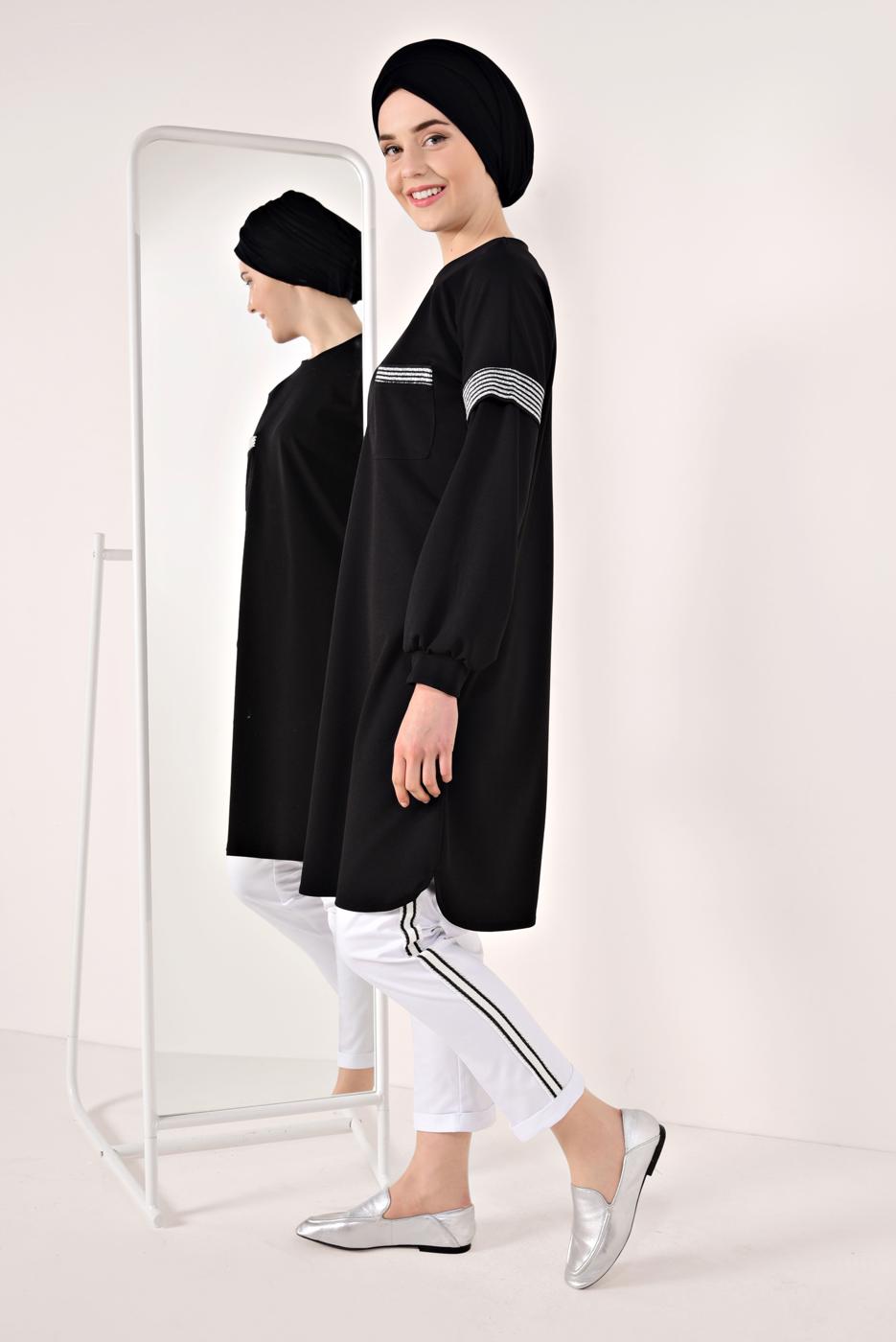Tesettür giyim SİYAH SİM ÇİZGİLİ TUNİK T 6947 