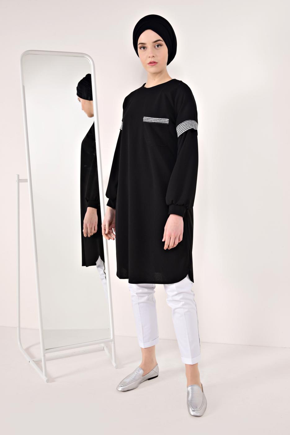 Tesettür giyim SİYAH SİM ÇİZGİLİ TUNİK T 6947 