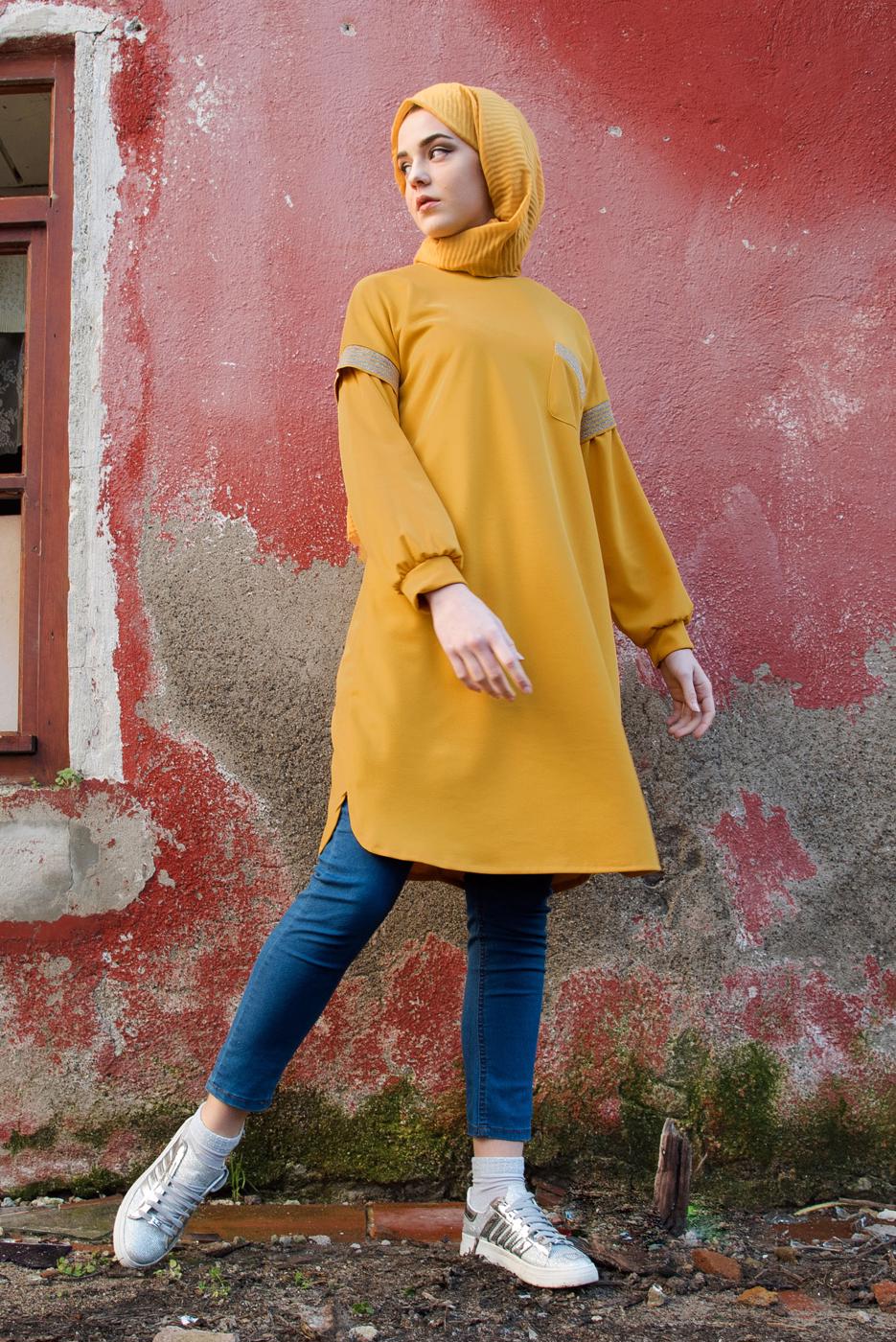 Tesettür giyim SARI SİM ÇİZGİLİ TUNİK T 6947 