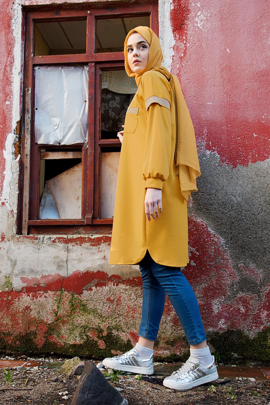 Tesettür giyim SARI SİM ÇİZGİLİ TUNİK T 6947 