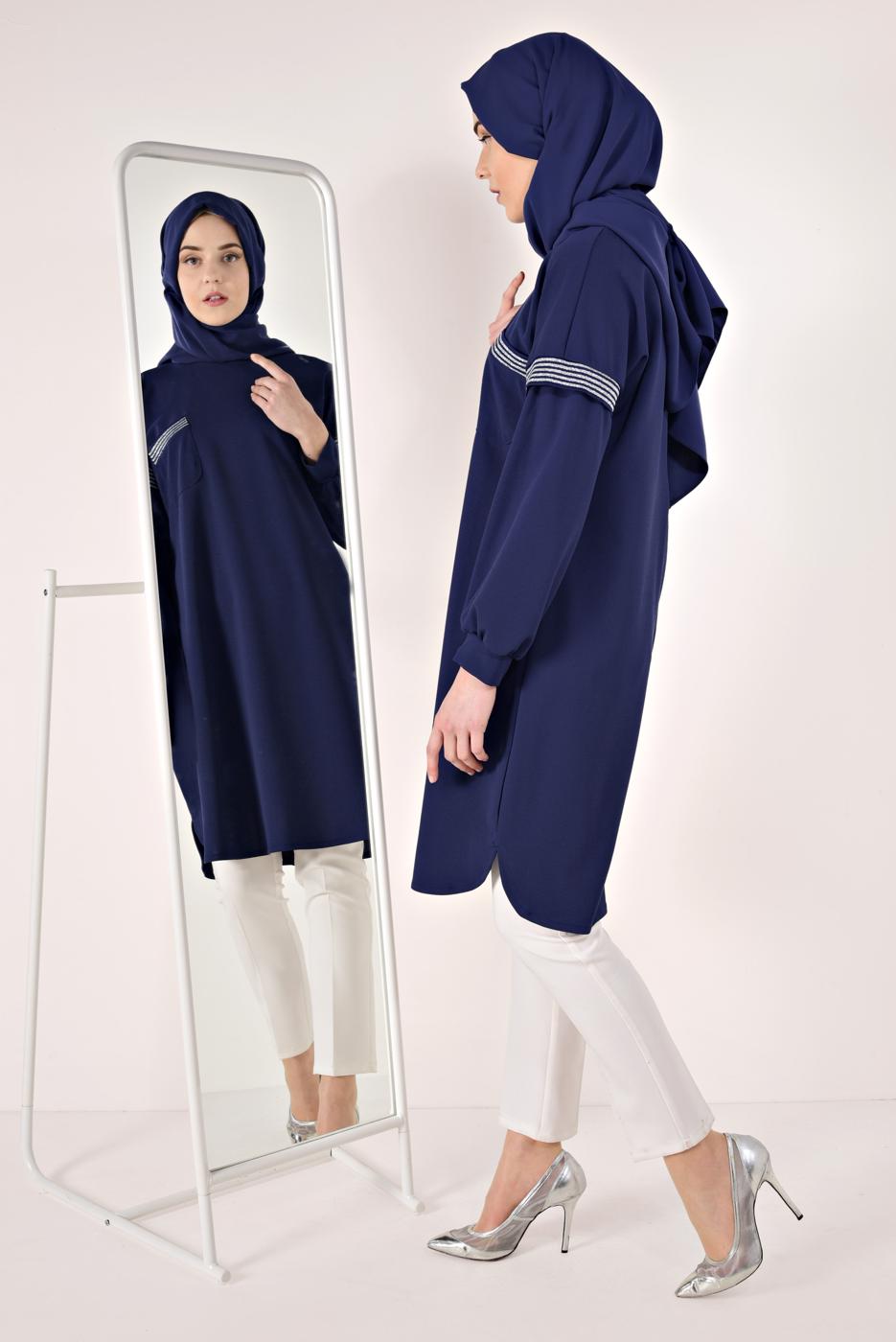 Tesettür giyim LACİVERT SİM ÇİZGİLİ TUNİK T 6947 