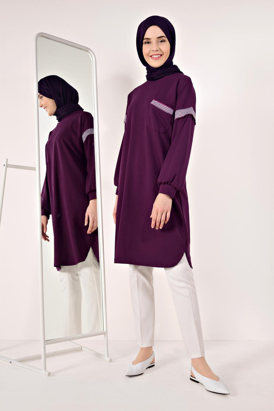 Tesettür giyim MOR SİM ÇİZGİLİ TUNİK T 6947 