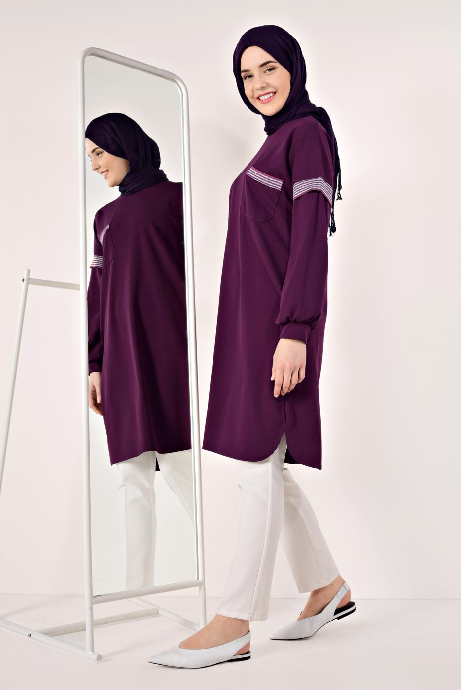 Tesettür giyim MOR SİM ÇİZGİLİ TUNİK T 6947 