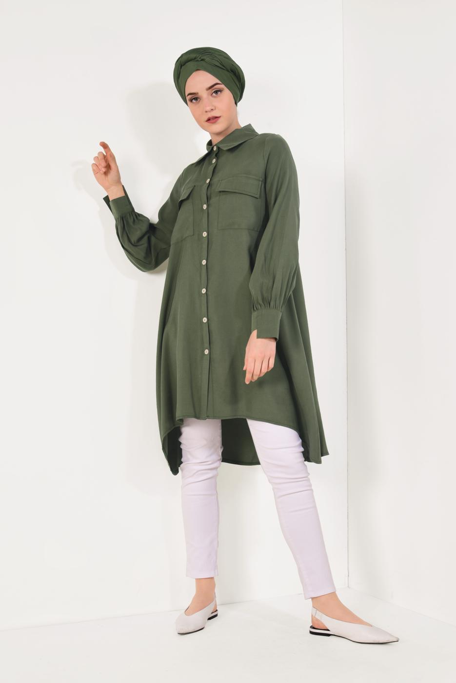 Tesettür giyim HAKİ BOYDAN DÜĞMELİ ASİMETRİK TUNİK T 7026
