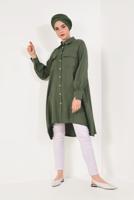 Tesettür giyim HAKİ BOYDAN DÜĞMELİ ASİMETRİK TUNİK T 7026