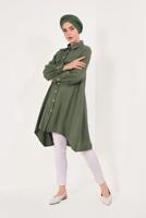 Tesettür giyim HAKİ BOYDAN DÜĞMELİ ASİMETRİK TUNİK T 7026