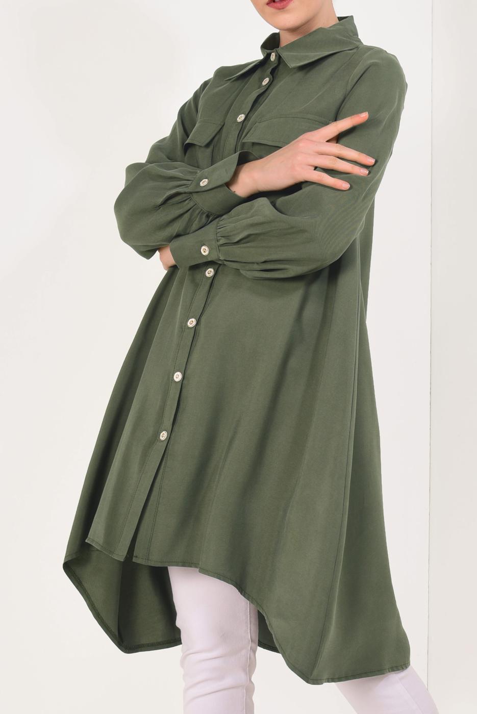 Tesettür giyim HAKİ BOYDAN DÜĞMELİ ASİMETRİK TUNİK T 7026
