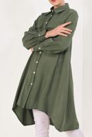 Tesettür giyim HAKİ BOYDAN DÜĞMELİ ASİMETRİK TUNİK T 7026