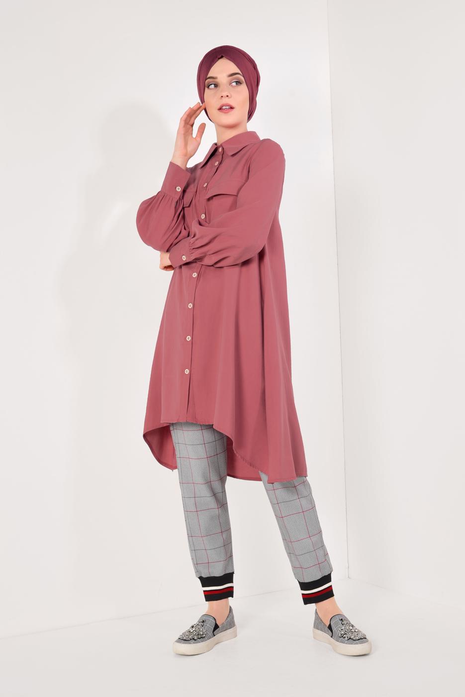 Tesettür giyim MERCAN BOYDAN DÜĞMELİ ASİMETRİK TUNİK T 7026