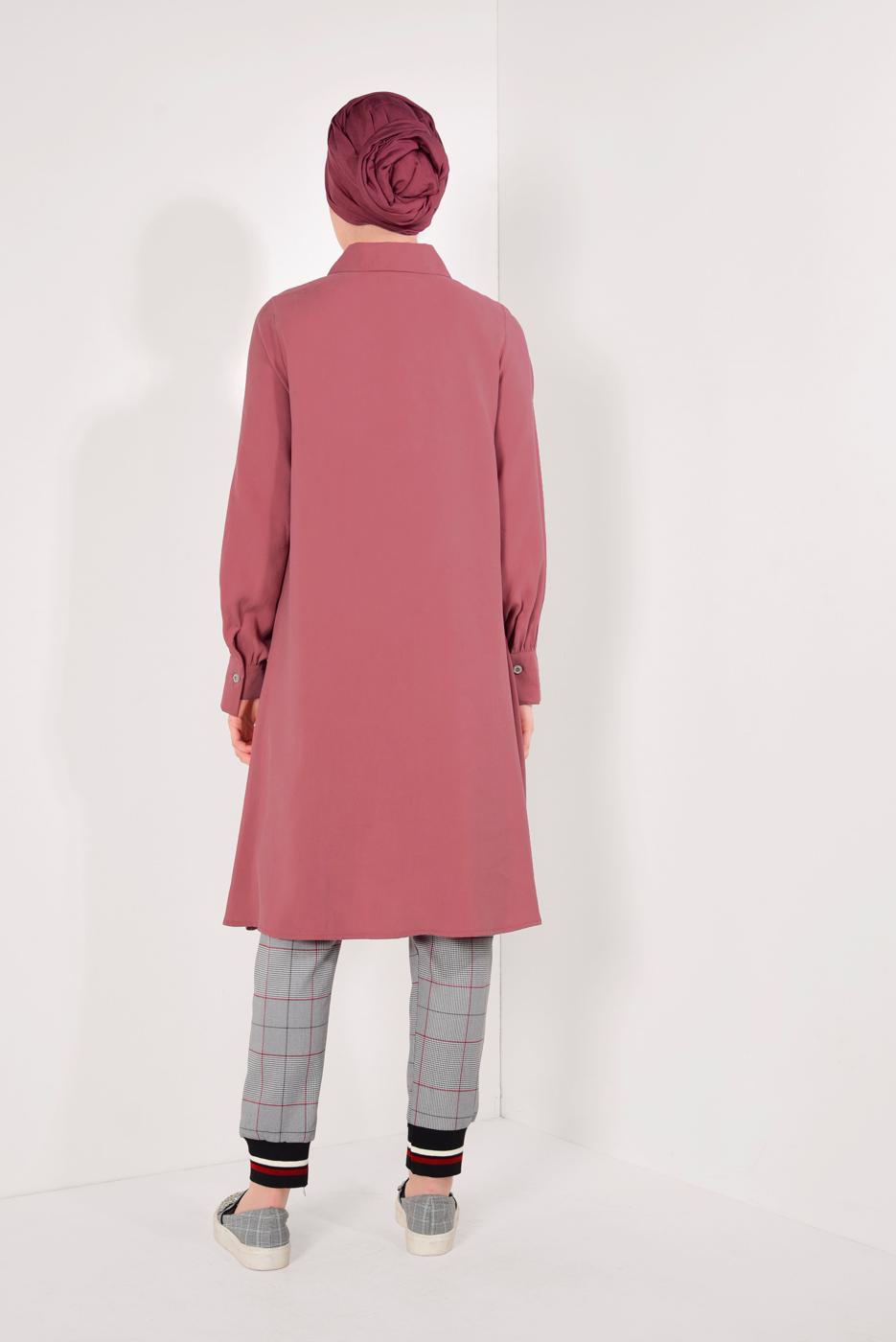 Tesettür giyim MERCAN BOYDAN DÜĞMELİ ASİMETRİK TUNİK T 7026