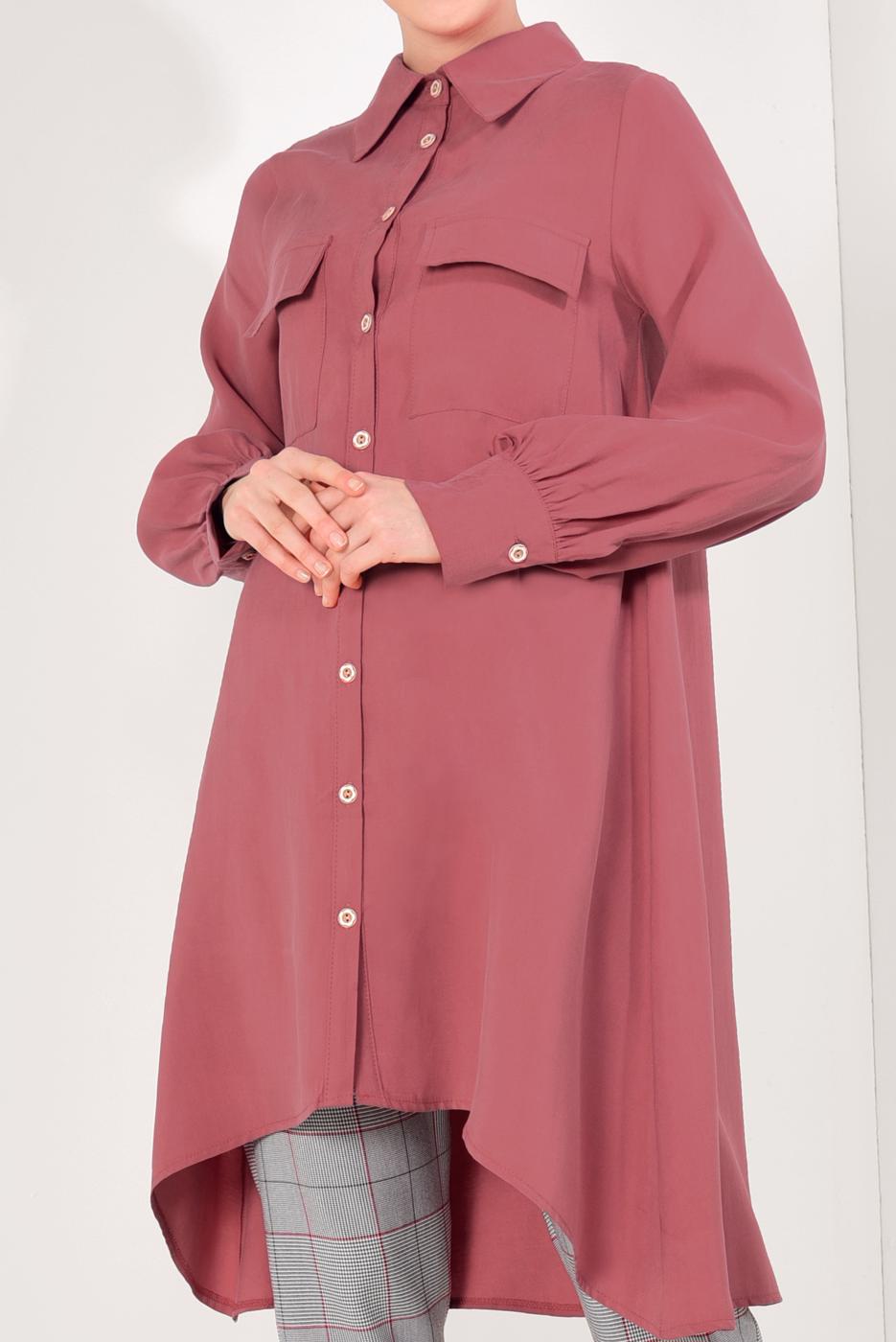 Tesettür giyim MERCAN BOYDAN DÜĞMELİ ASİMETRİK TUNİK T 7026