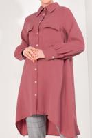 Tesettür giyim MERCAN BOYDAN DÜĞMELİ ASİMETRİK TUNİK T 7026