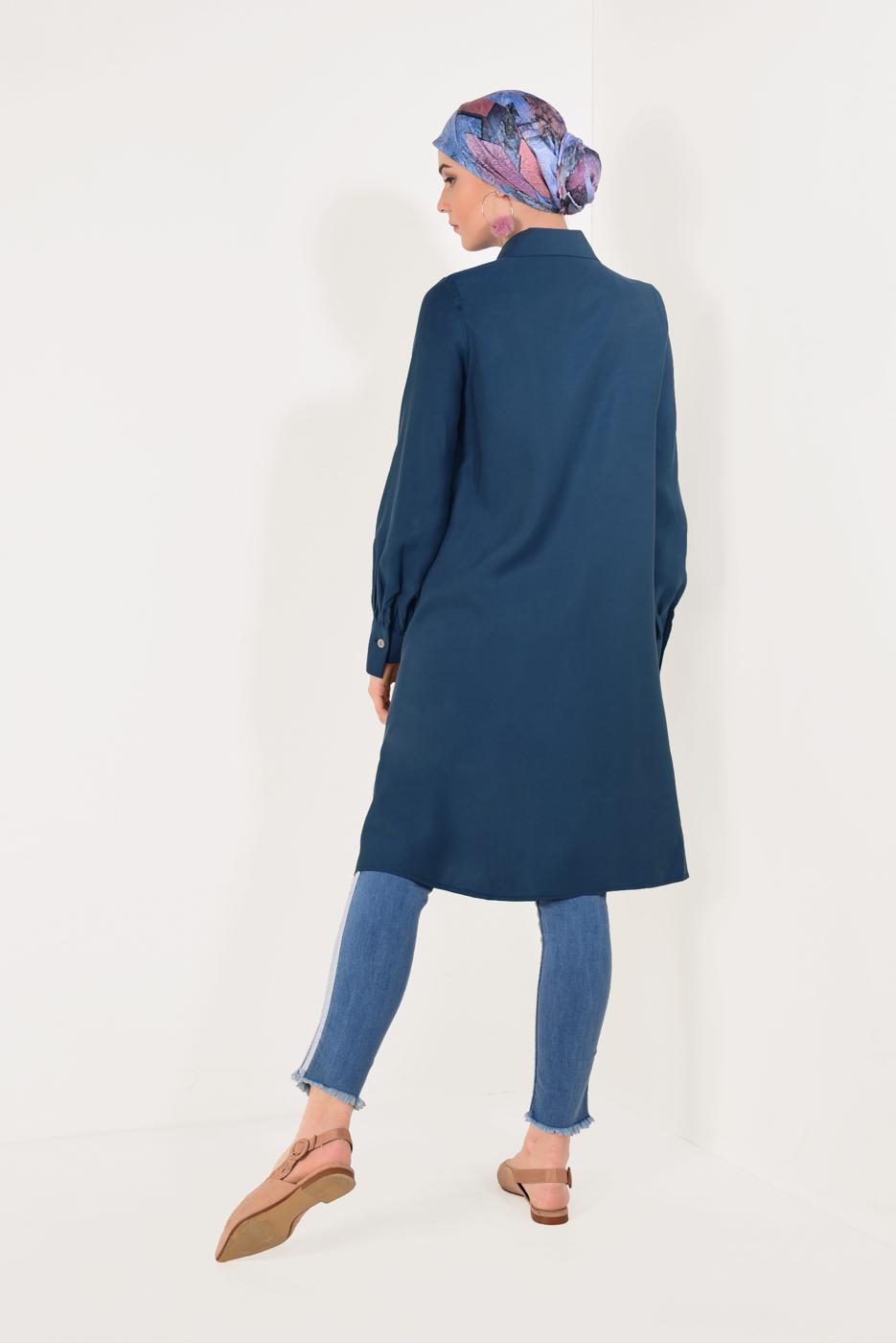 Tesettür giyim MAVİ BOYDAN DÜĞMELİ ASİMETRİK TUNİK T 7026