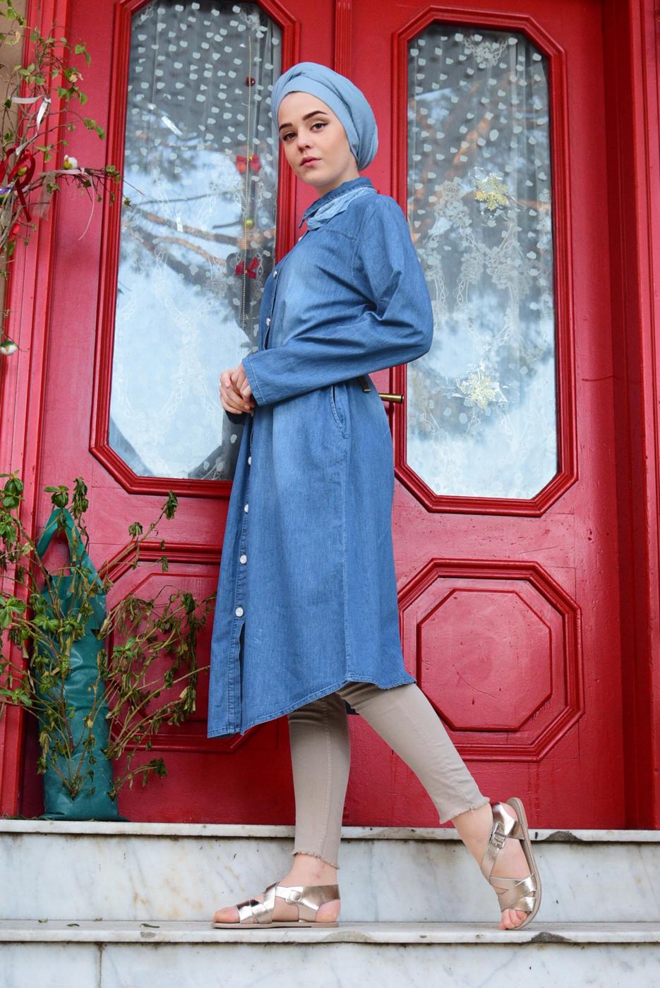 Tesettür giyim LACİVERT ÖRME KEMERLİ ÇITÇITLI DENİM TUNİK 7103