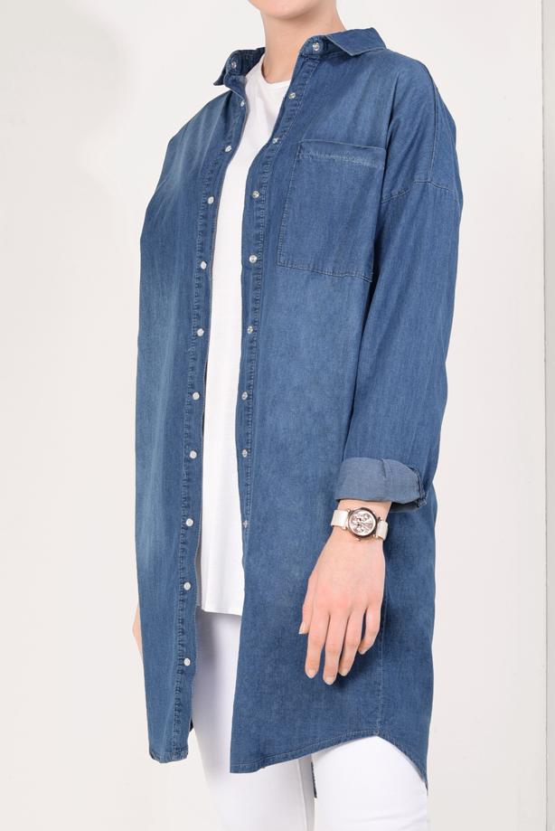 Tesettür giyim MAVİ CEP DETAYLI ÖNÜ  ÇITÇITLI DENİM TUNİK T 7134  - TRENDTESETTÜR