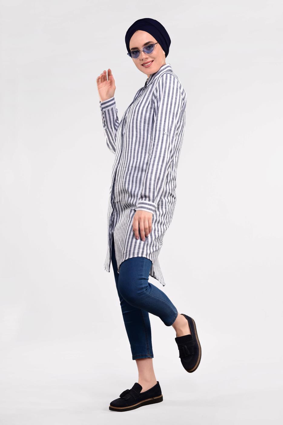 Tesettür giyim LACİVERT ÇİZGİ DESENLİ PAMUKLU TUNİK 7404