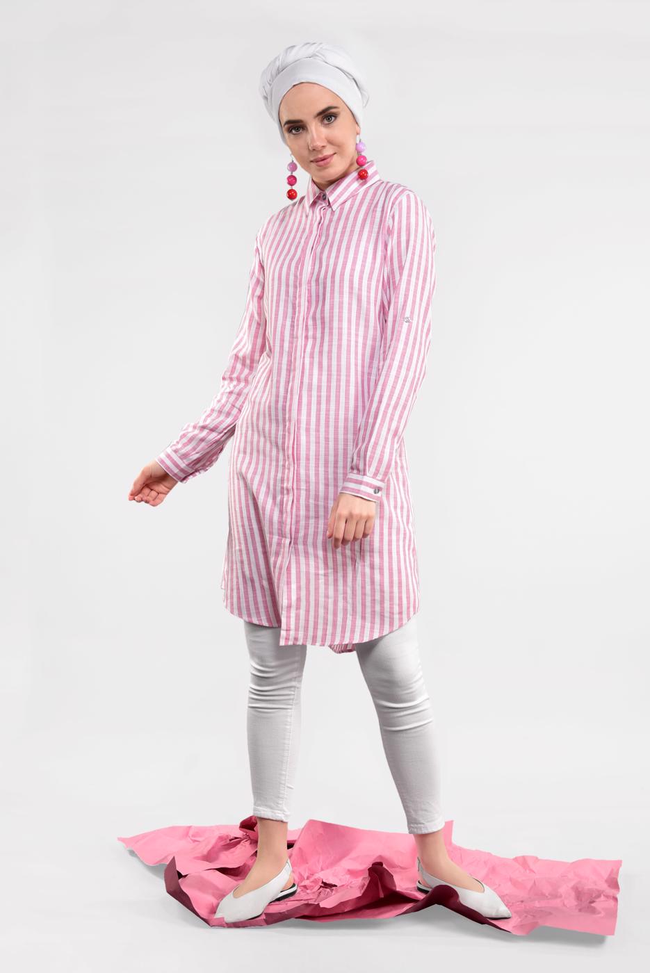 Tesettür giyim PEMBE ÇİZGİ DESENLİ PAMUKLU TUNİK 7404