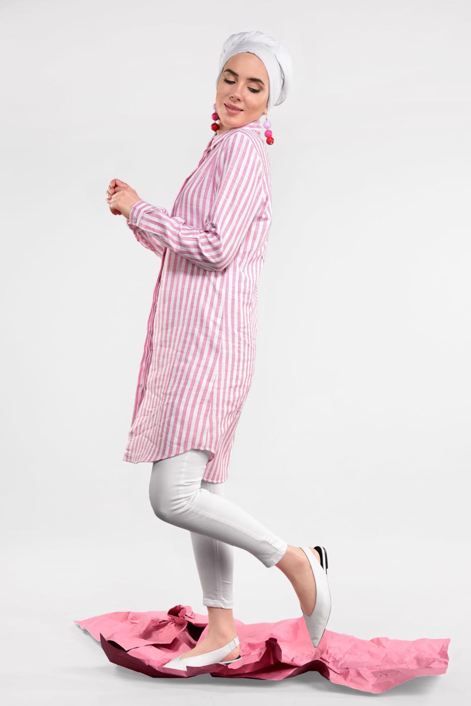 Tesettür giyim PEMBE ÇİZGİ DESENLİ PAMUKLU TUNİK 7404