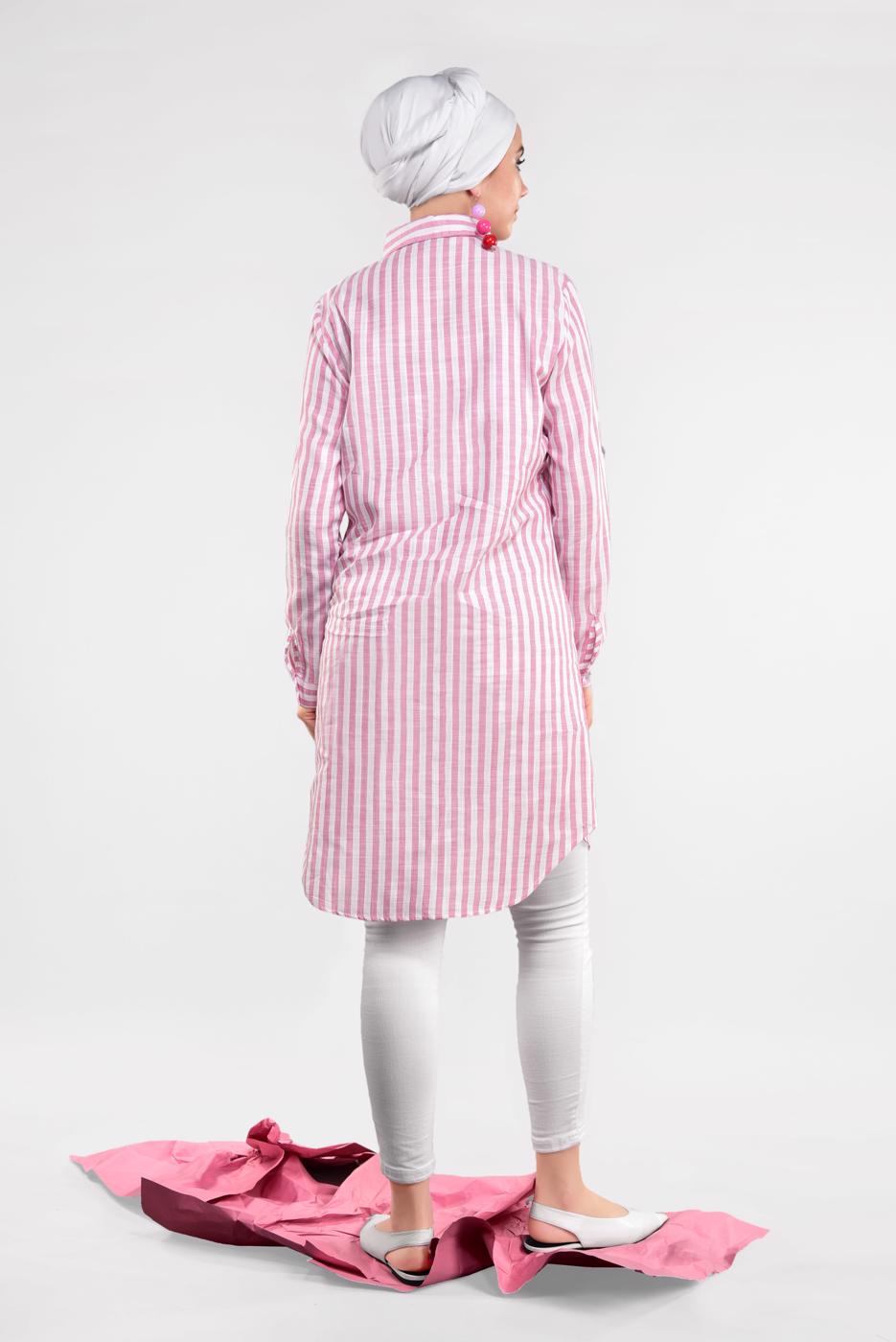 Tesettür giyim PEMBE ÇİZGİ DESENLİ PAMUKLU TUNİK 7404