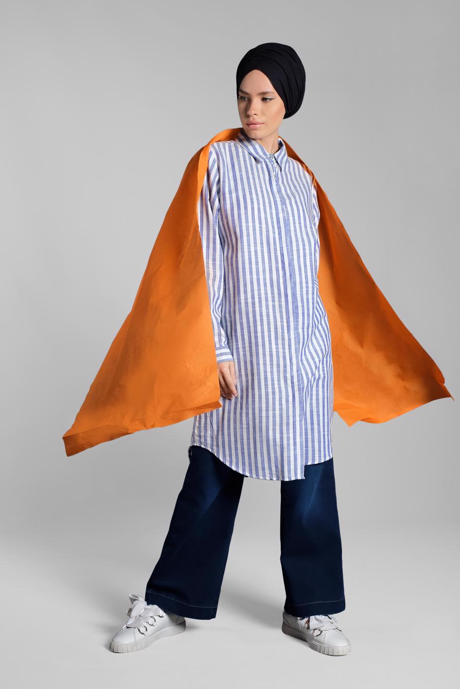 Tesettür giyim LACİVERT ÇİZGİ DESENLİ PAMUKLU TUNİK 7404