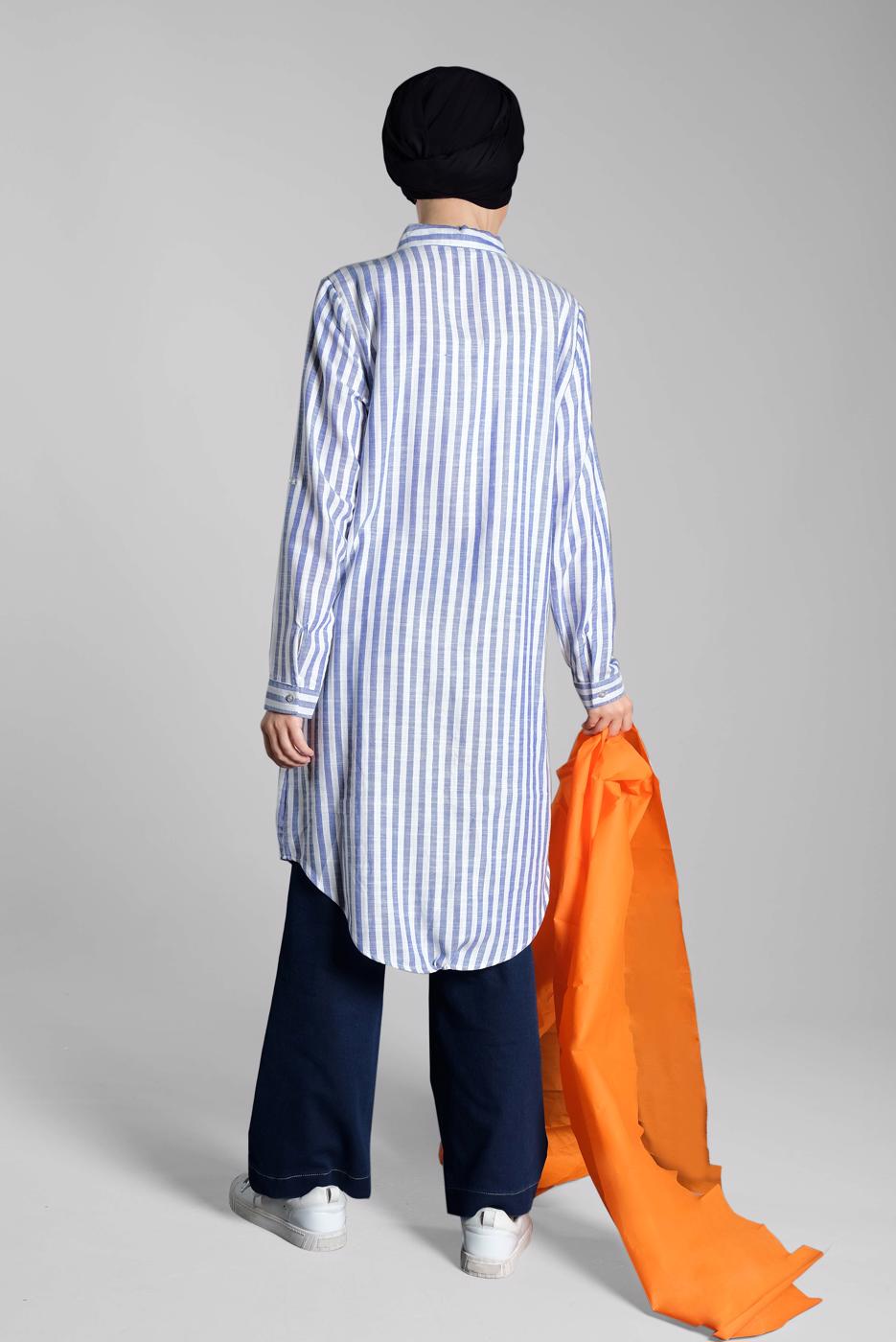 Tesettür giyim LACİVERT ÇİZGİ DESENLİ PAMUKLU TUNİK 7404