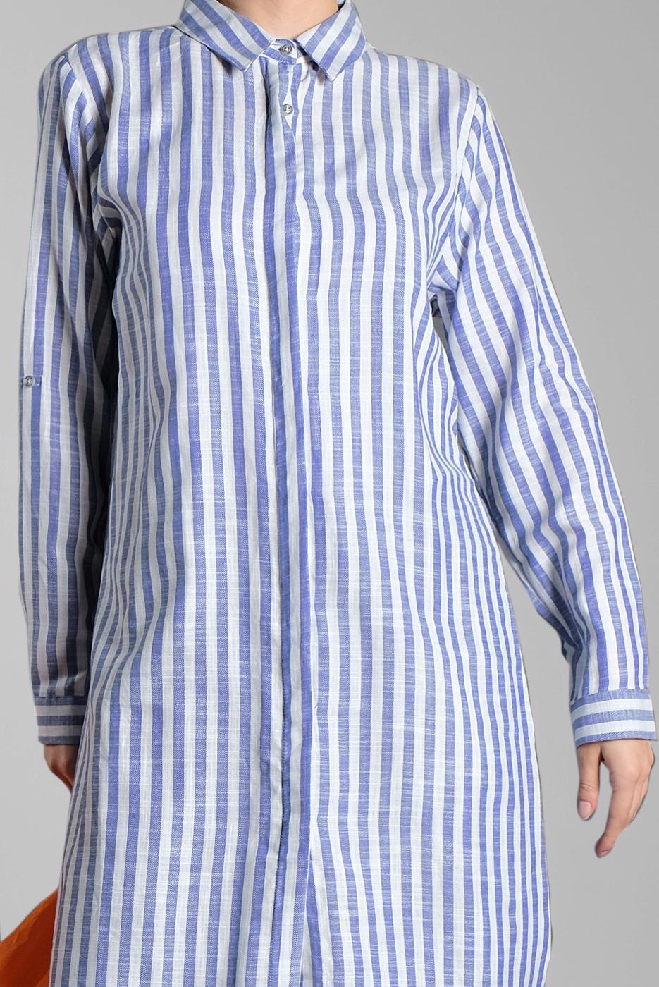 Tesettür giyim LACİVERT ÇİZGİ DESENLİ PAMUKLU TUNİK 7404