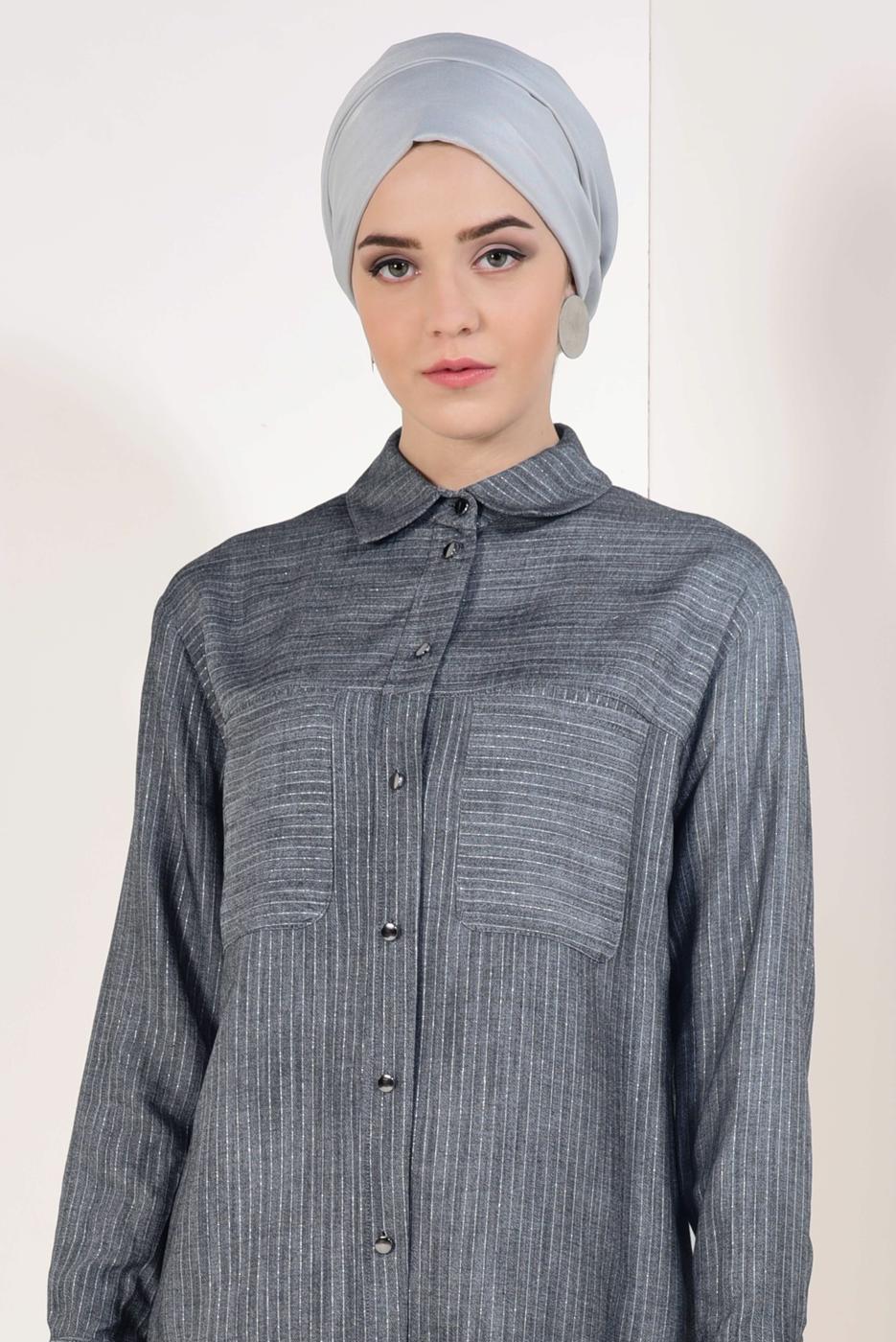 Tesettür giyim SİYAH ÇİZGİ DESENLİ PAMUKLU TUNİK T 7526