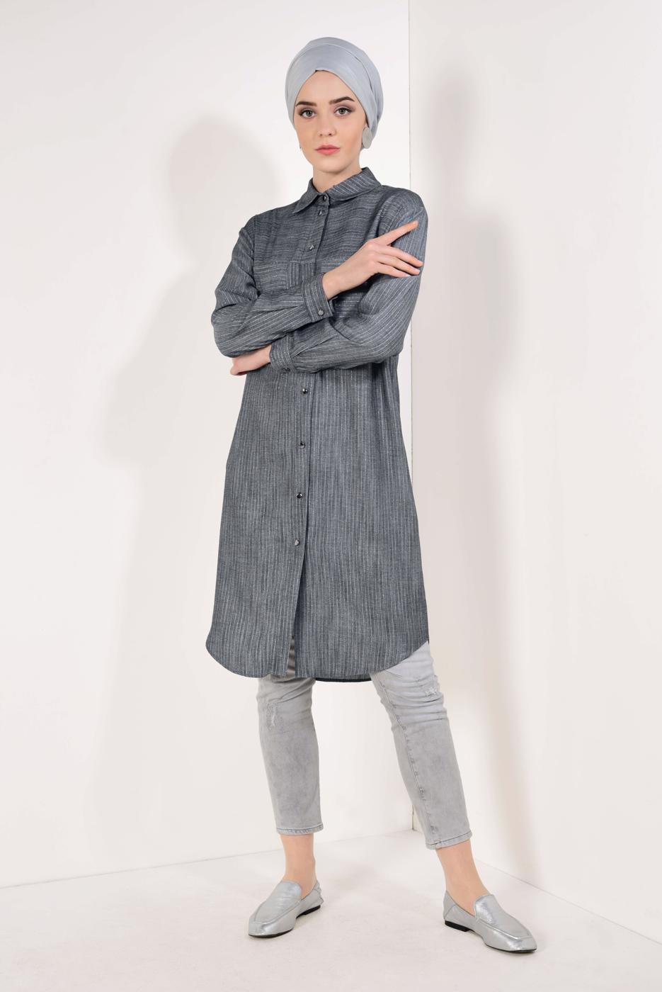 Tesettür giyim SİYAH ÇİZGİ DESENLİ PAMUKLU TUNİK T 7526