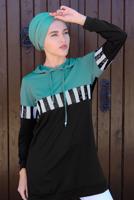 Tesettür giyim YEŞİL KAPÜŞONLU PUL ŞERİT DETAYLI TUNİK 7611