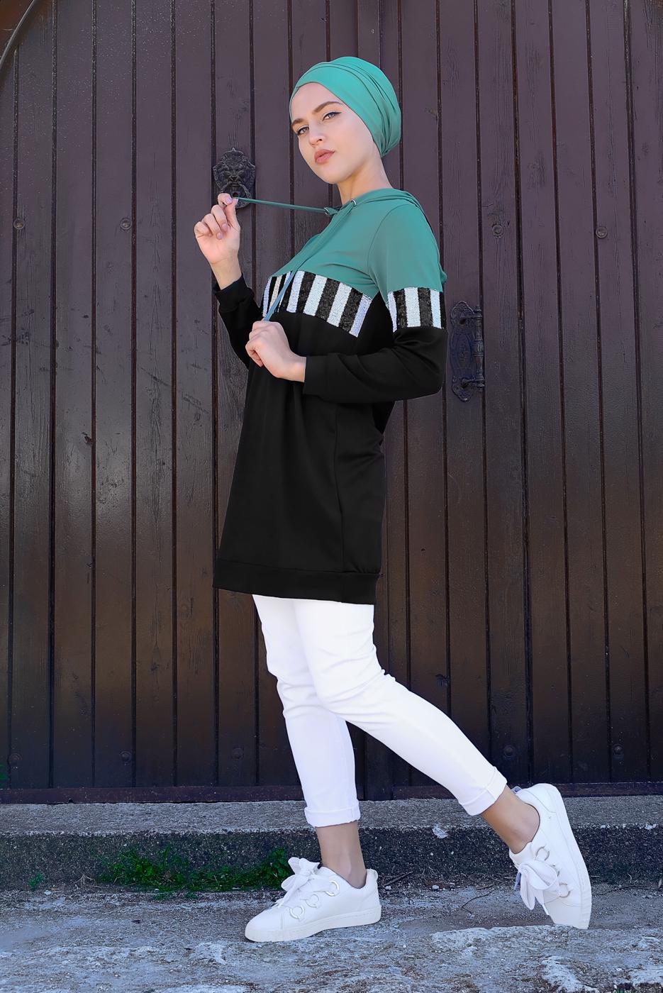 Tesettür giyim YEŞİL KAPÜŞONLU PUL ŞERİT DETAYLI TUNİK 7611