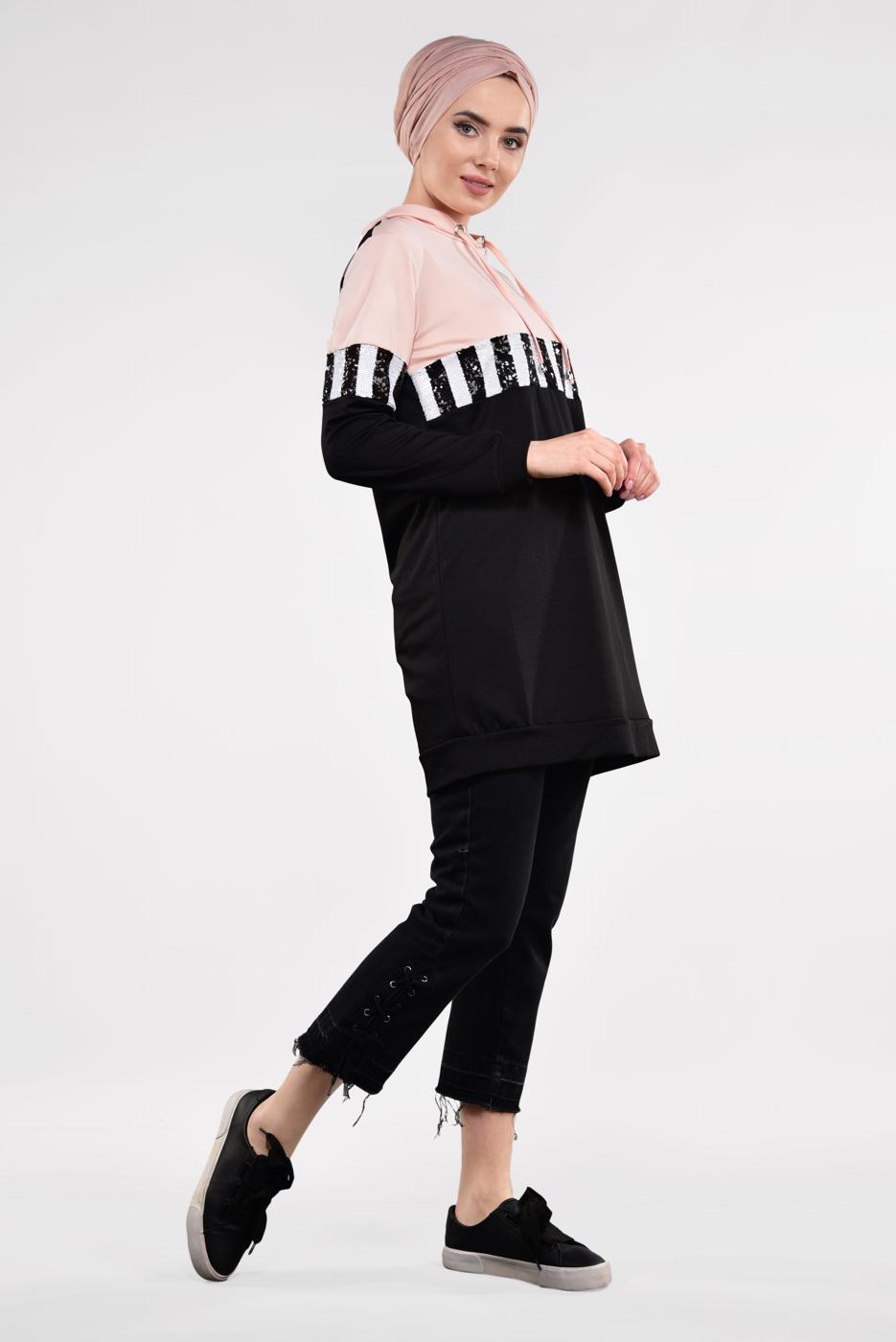Tesettür giyim PUDRA KAPÜŞONLU PUL ŞERİT DETAYLI TUNİK 7611 