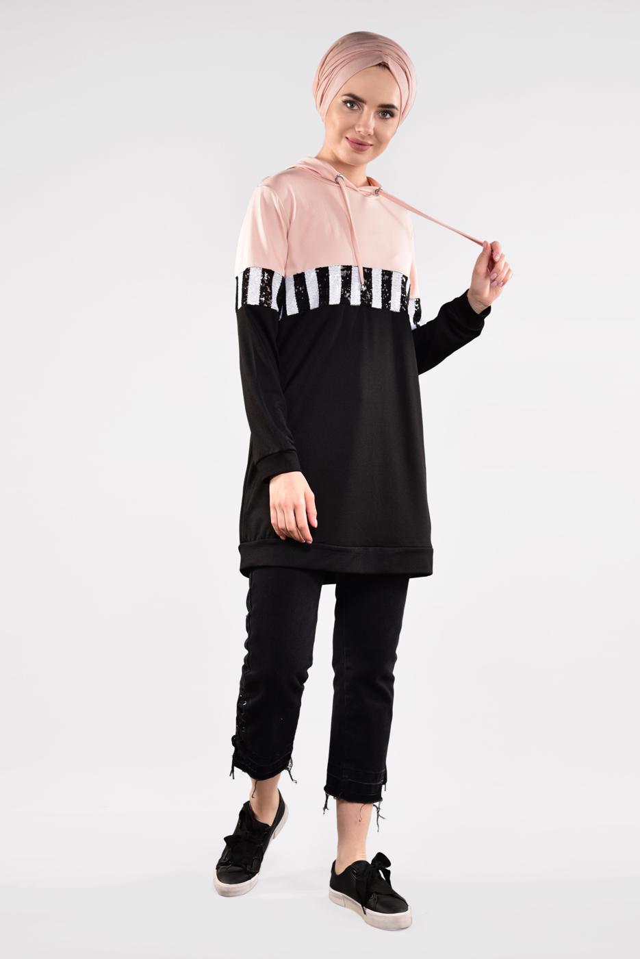 Tesettür giyim PUDRA KAPÜŞONLU PUL ŞERİT DETAYLI TUNİK 7611 