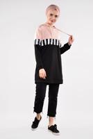 Tesettür giyim PUDRA KAPÜŞONLU PUL ŞERİT DETAYLI TUNİK 7611 