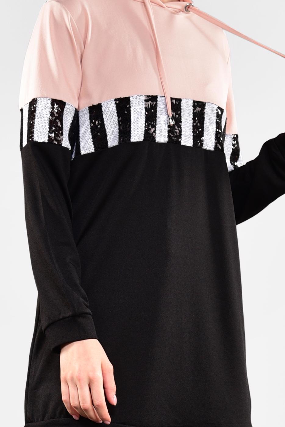 Tesettür giyim PUDRA KAPÜŞONLU PUL ŞERİT DETAYLI TUNİK 7611 