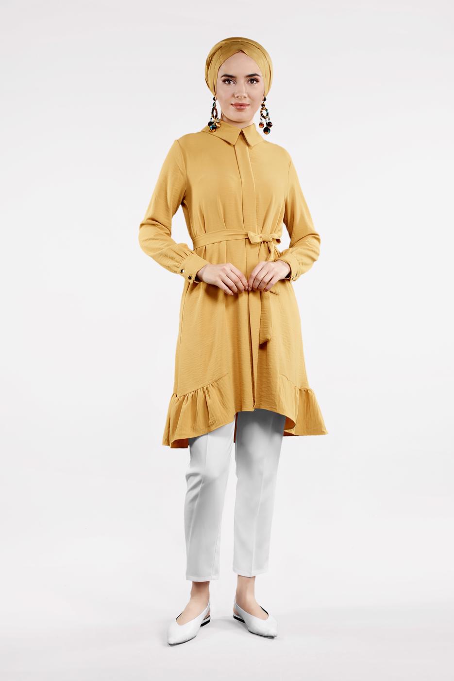 Tesettür giyim TURUNCU BELİ KUŞAKLI ETEK UCU VOLANLI TUNİK 7655