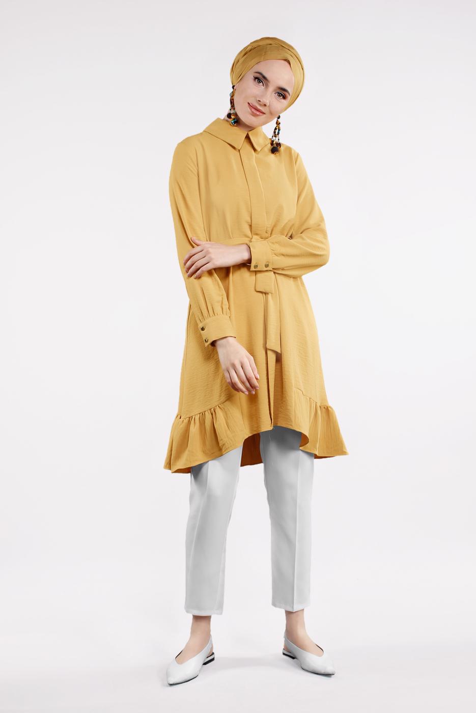 Tesettür giyim TURUNCU BELİ KUŞAKLI ETEK UCU VOLANLI TUNİK 7655