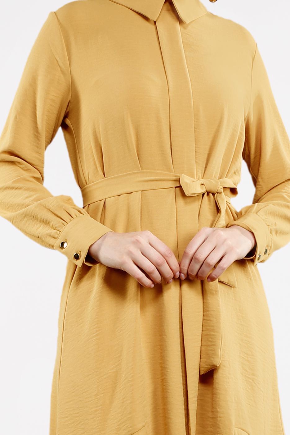 Tesettür giyim TURUNCU BELİ KUŞAKLI ETEK UCU VOLANLI TUNİK 7655